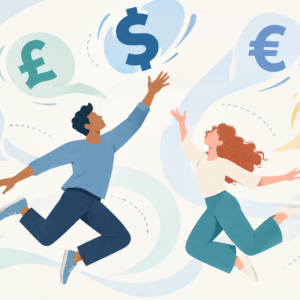 people jumping up to grab currency symbols representing reaching for salary